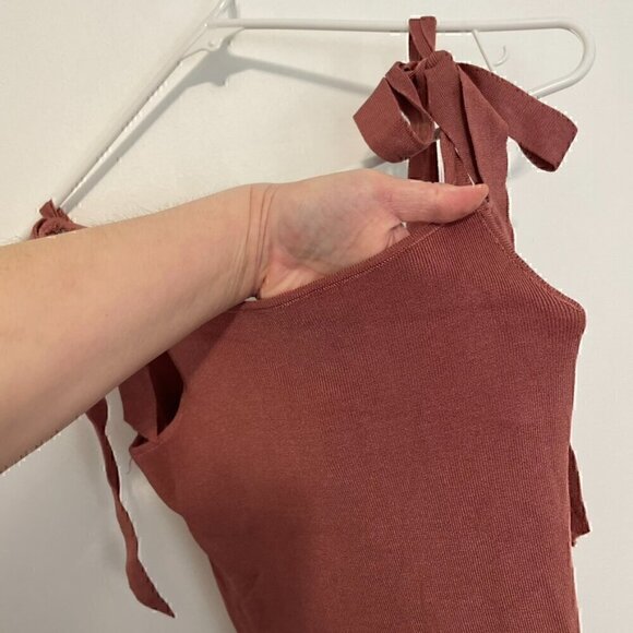 URBAN OUTFITTERS Rose Marie Tie Shoulder Mini Dress Mauve Ribbed Sweater Bodycon - Picture 7 of 16